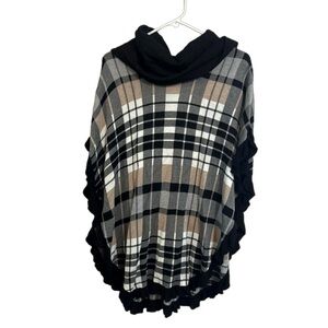BNWT Joseph A Checkered Print Tan Black Cowl Neck Plaid Ruffle Cape 1X